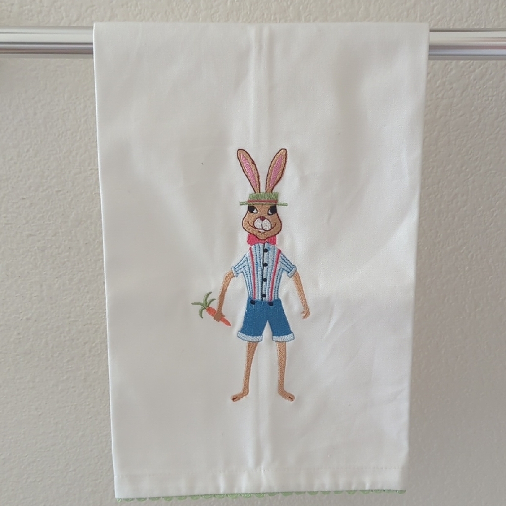 Pair of  White Cotton Kitchen Tea Towels  Embroidered  Bunny Design - Picture 5 of 10